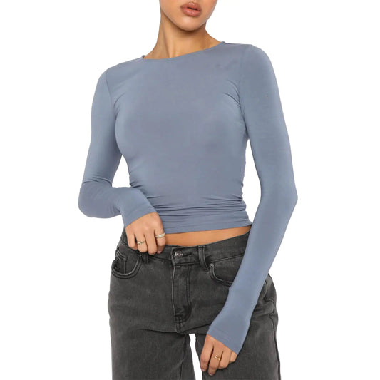Women Basic Slim Fit Long Sleeve T Shirts Round Neck Crop Top Y2K Tight Tee Shirt Workout Yoga Tops Blouses (Light Blue L)
